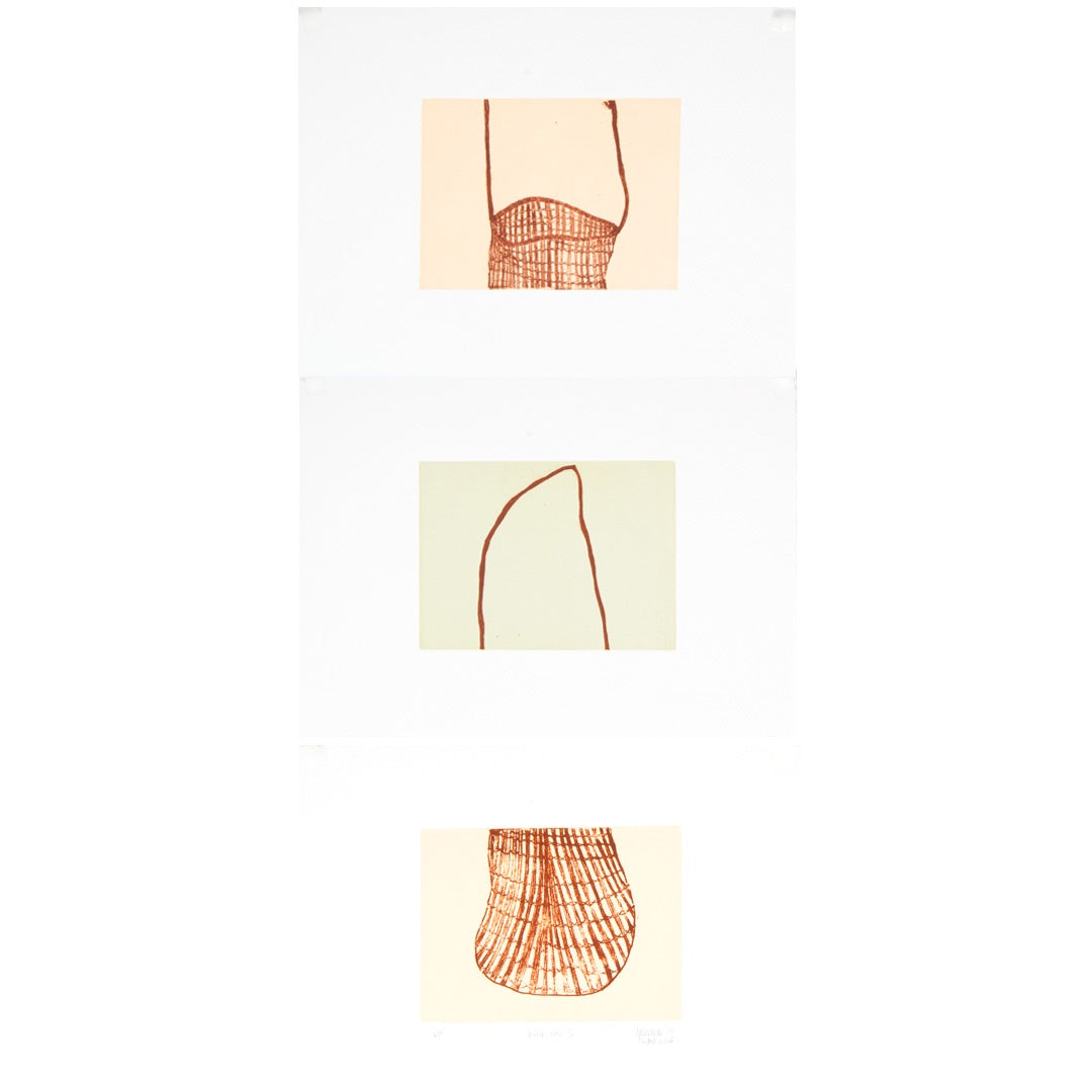 SHERYL J BURCHILL | 'Dilly Bag IV (triptych 2)' | 2026 | Plate lithograph | (H 144 x W 193 mm) x 3