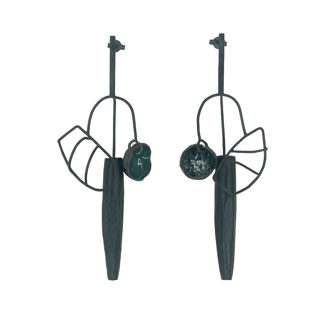 LOIS HAYES DESIGNS | ‘Wing Collection – Earrings #3’ | Re-purposed wood / oxidized sterling silver / paint / copper / enamel
