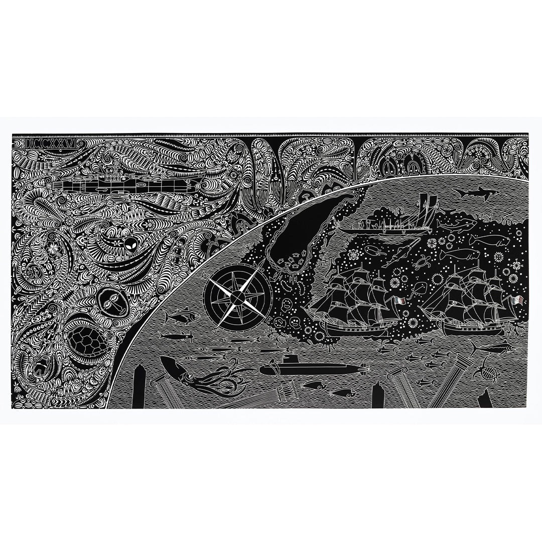 BRIAN ROBINSON | 'Uncharted: Astrlabe and Zelee in Kulkalgal Country' | Linocut