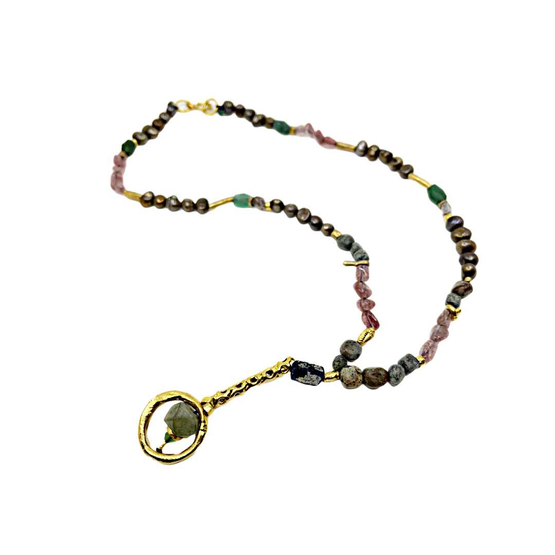 ARTIZ | 'Spring Collection (33)' Necklace | Fresh water pearls / gold plated bronze pieces / pink fluorite / African turquoise