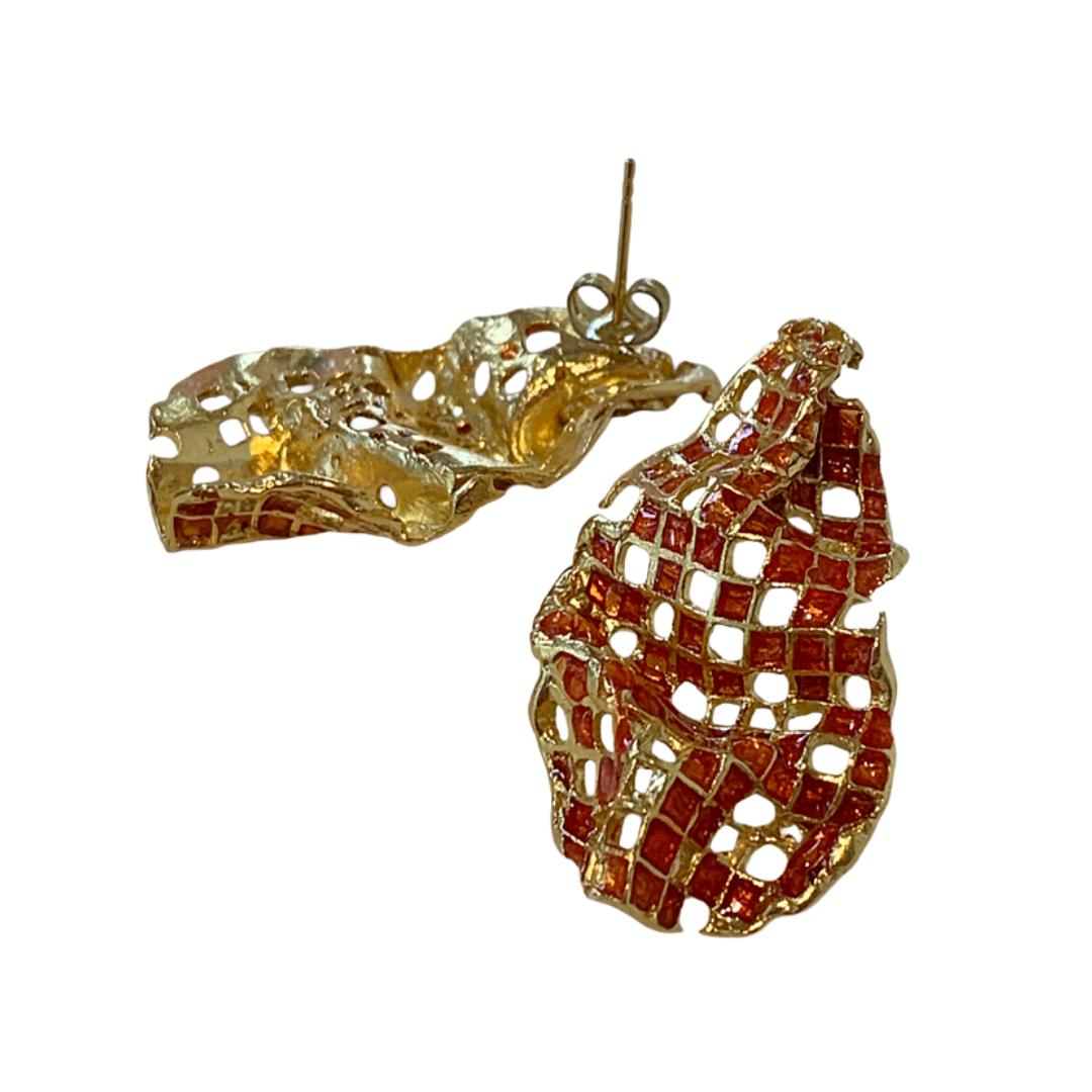 ARTIZ | 'Mesh Drops' Stud Earrings- Orange | Enamel + Bronze
