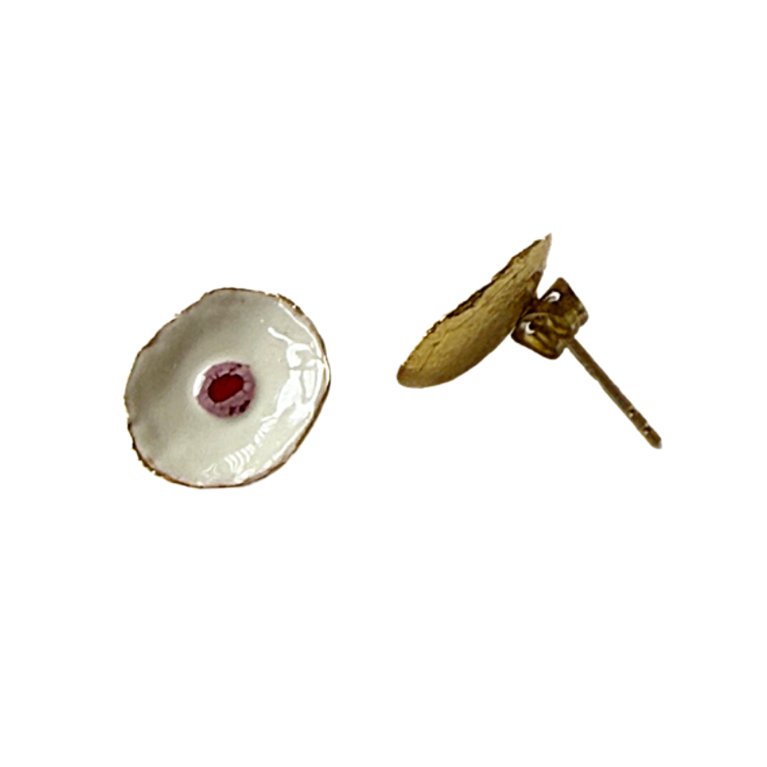 ARTIZ | 'Cup Small Stud Earrings' | White & Pink | Enamel + Bronze
