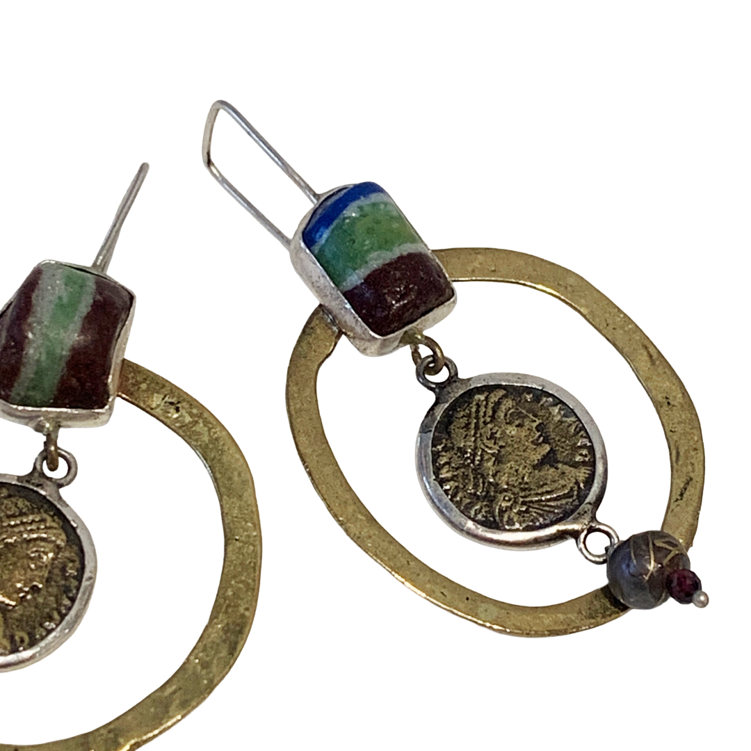 ARTIZ | 'Circle & Charms’ Dangle Earrings | Glass, silver + bronze