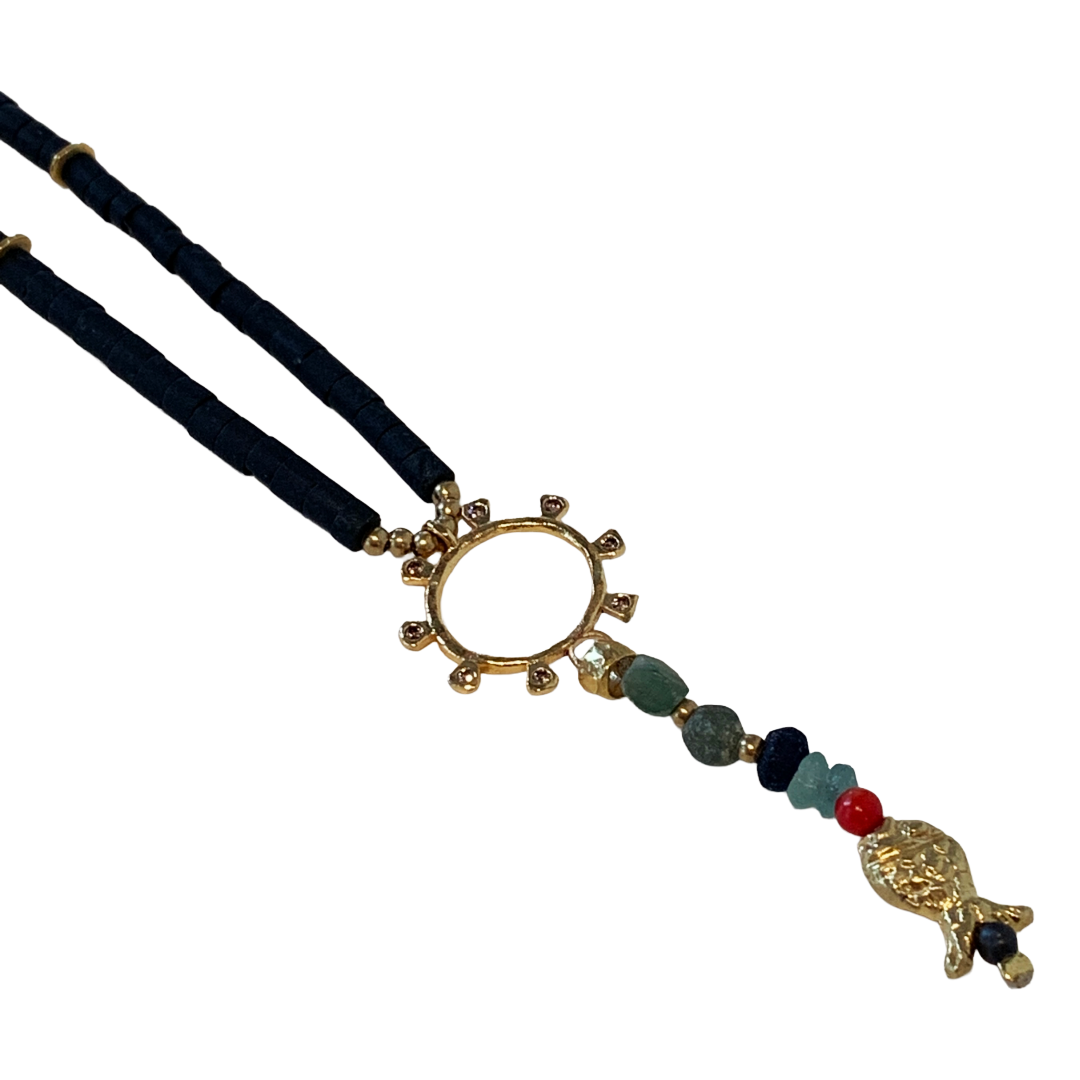 ARTIZ | 'Circle Drop’ Necklace | Fish charm Mixed beads + Bronze