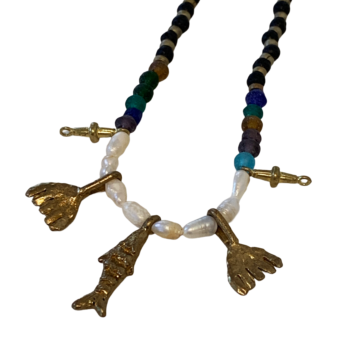 ARTIZ | 'Sea Charms ’ Necklace | Mixed Beads + Pearls | Bronze charms