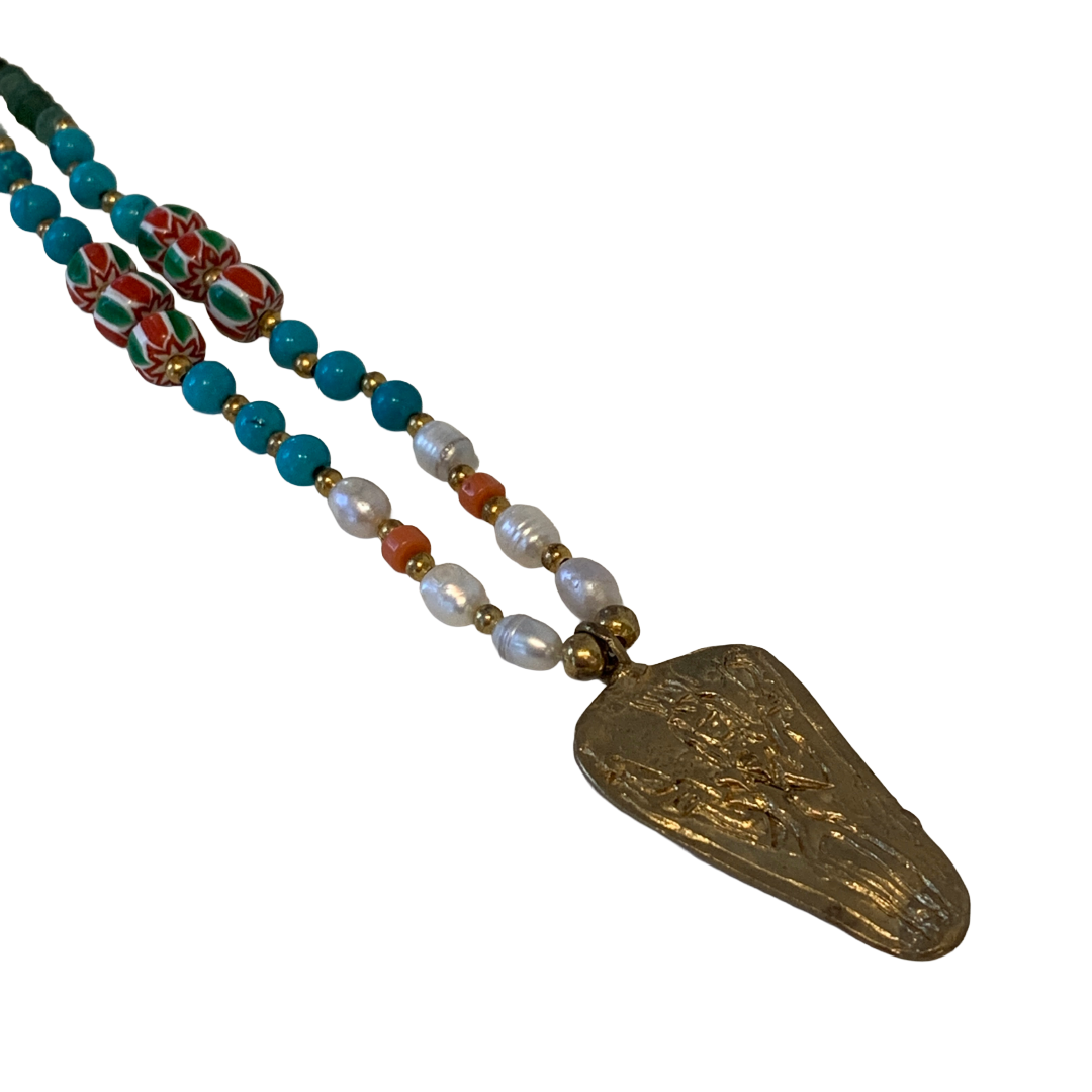 ARTIZ | 'Triangular Pendant' Necklace | Mid Length | Pearls, Turquoise + coral | Bronze