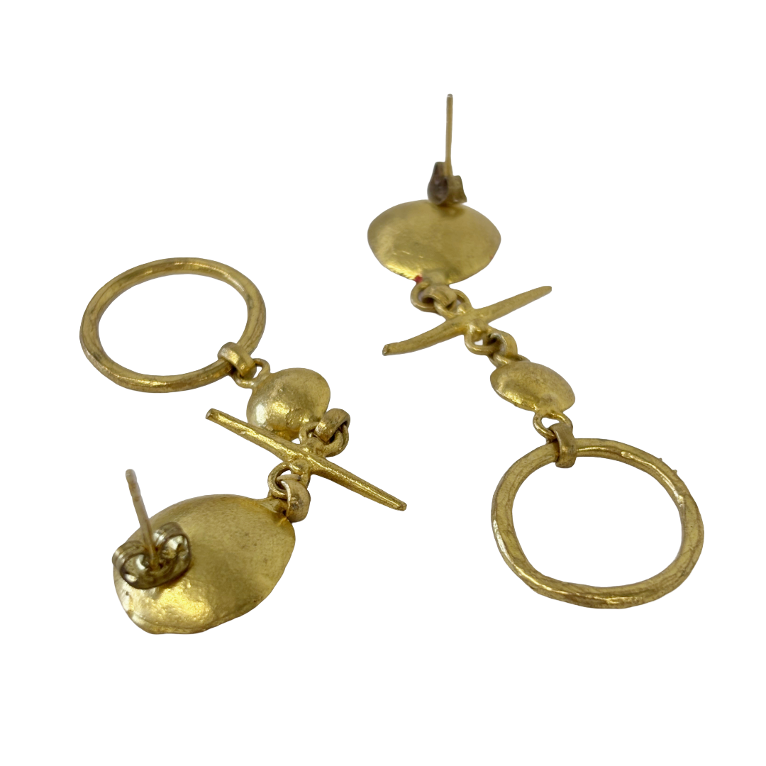 ARTIZ | 'Double Cup + Ring Earrings' | Bronze / red + green enamel
