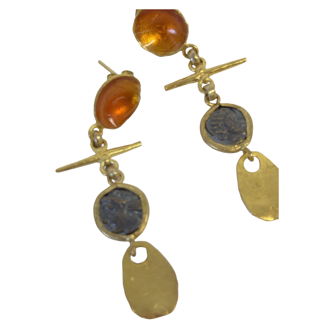 ARTIZ | 'Cup Drop Earrings' - Orange| Silver/ bronze / bronze coin/ orange enamel