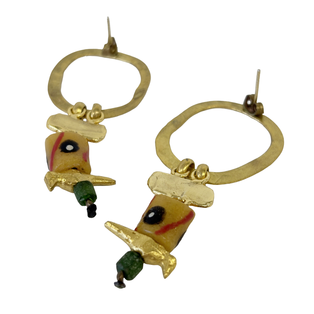 ARTIZ | 'Large Ring Bird + Bead Earrings' | African beads / bronze bird charms / silver