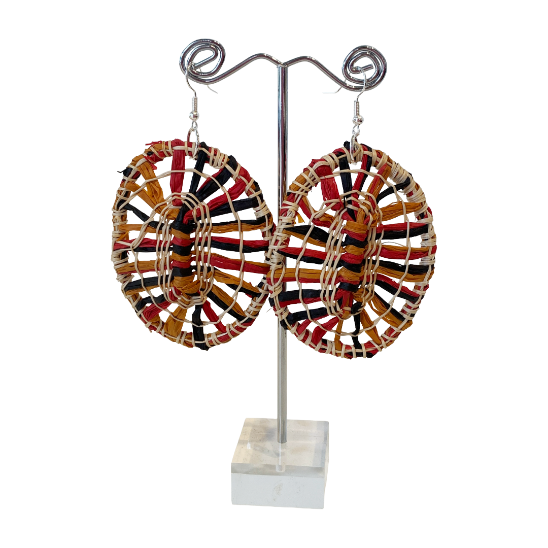 DELISSA WALKER | 'Woven Round Earrings - Black/yellow/red ' - Medium | Kakan (Black Palm) / raffia