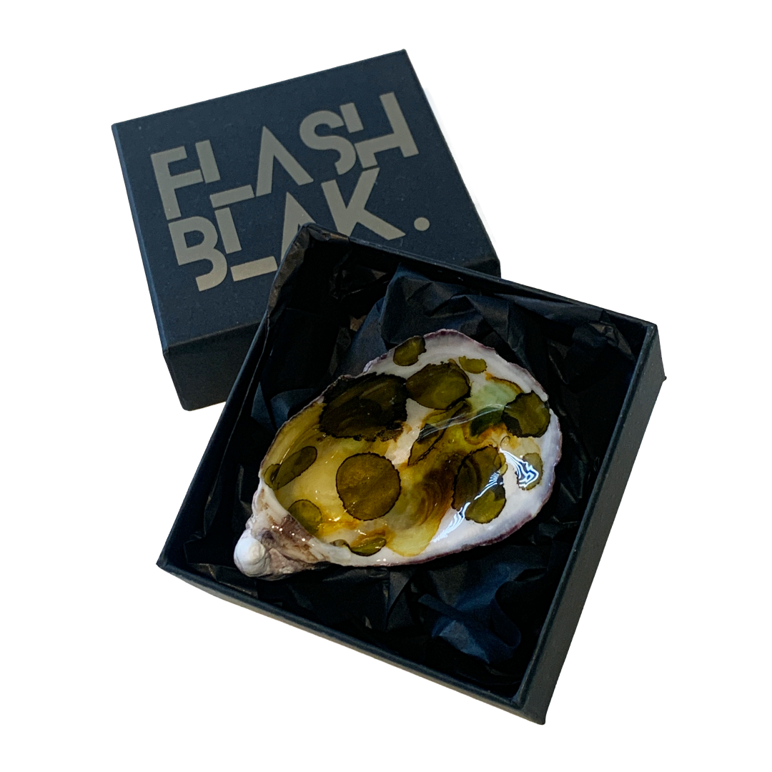 FLASH BLAK | ‘Oyster Shell’ – Olive spots | recycled oyster shell | alcohol ink + resin