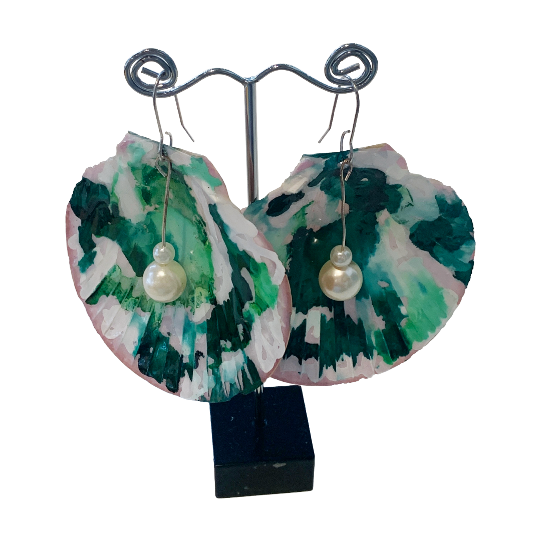 FLASH BLAK | ‘Green Shell Earrings' | recycled scallop shell | alcohol ink + resin | upcycled pearls