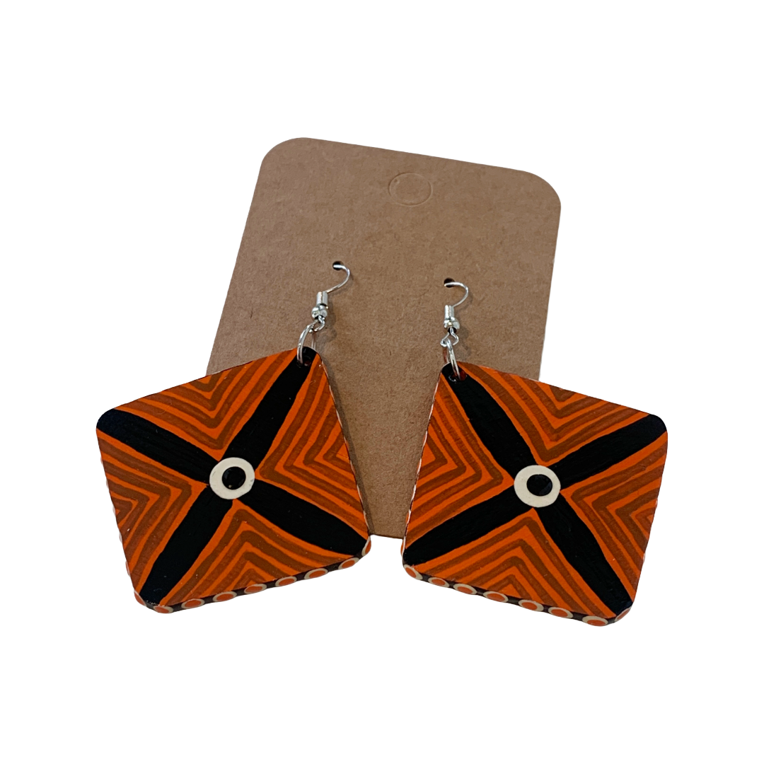 IRENE BOWYER | ‘X Shield (orange/black) Earrings' | Hand-painted wood