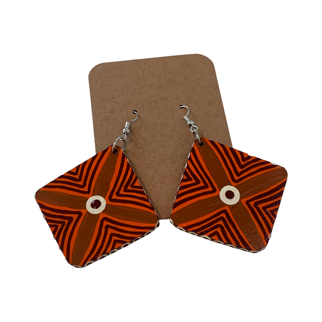 IRENE BOWYER | ‘X Shield (orange/chocolate brown) Earrings' | Hand-painted wood