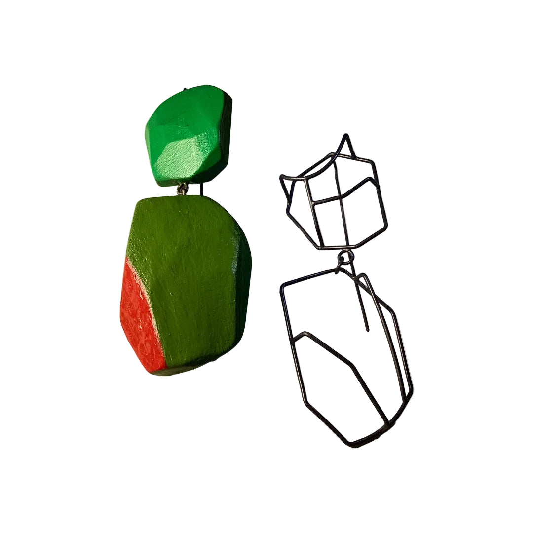 LOIS HAYES | 'Earrings 1 - Rainforest Floor Secrets' | Oxidized sterling silver / recycled builder’s wood / paint / lacquer