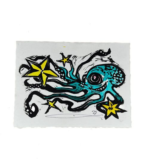 JANE DENNIS | 'Blue Ringed Star' | Gift Card | Hand - coloured linocut