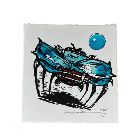 JANE DENNIS | ‘Crabby Pants’ | Gift Card | Hand-coloured linocut
