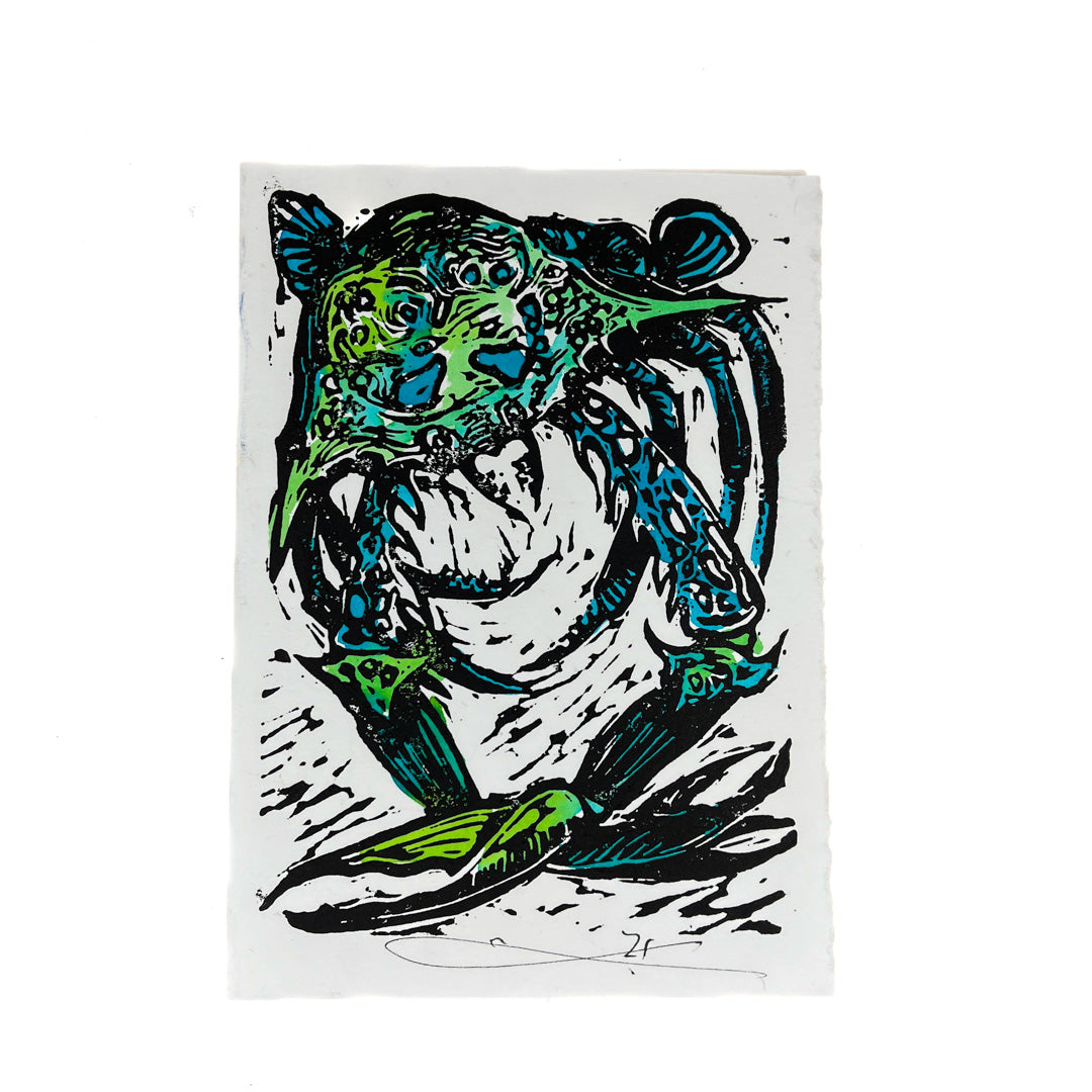 JANE DENNIS | 'Blue Swimmer' | Gift Card | Hand - coloured linocut