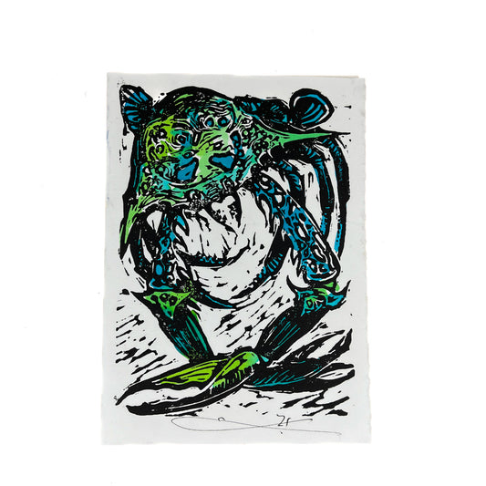 JANE DENNIS | 'Blue Swimmer' | Gift Card | Hand - coloured linocut