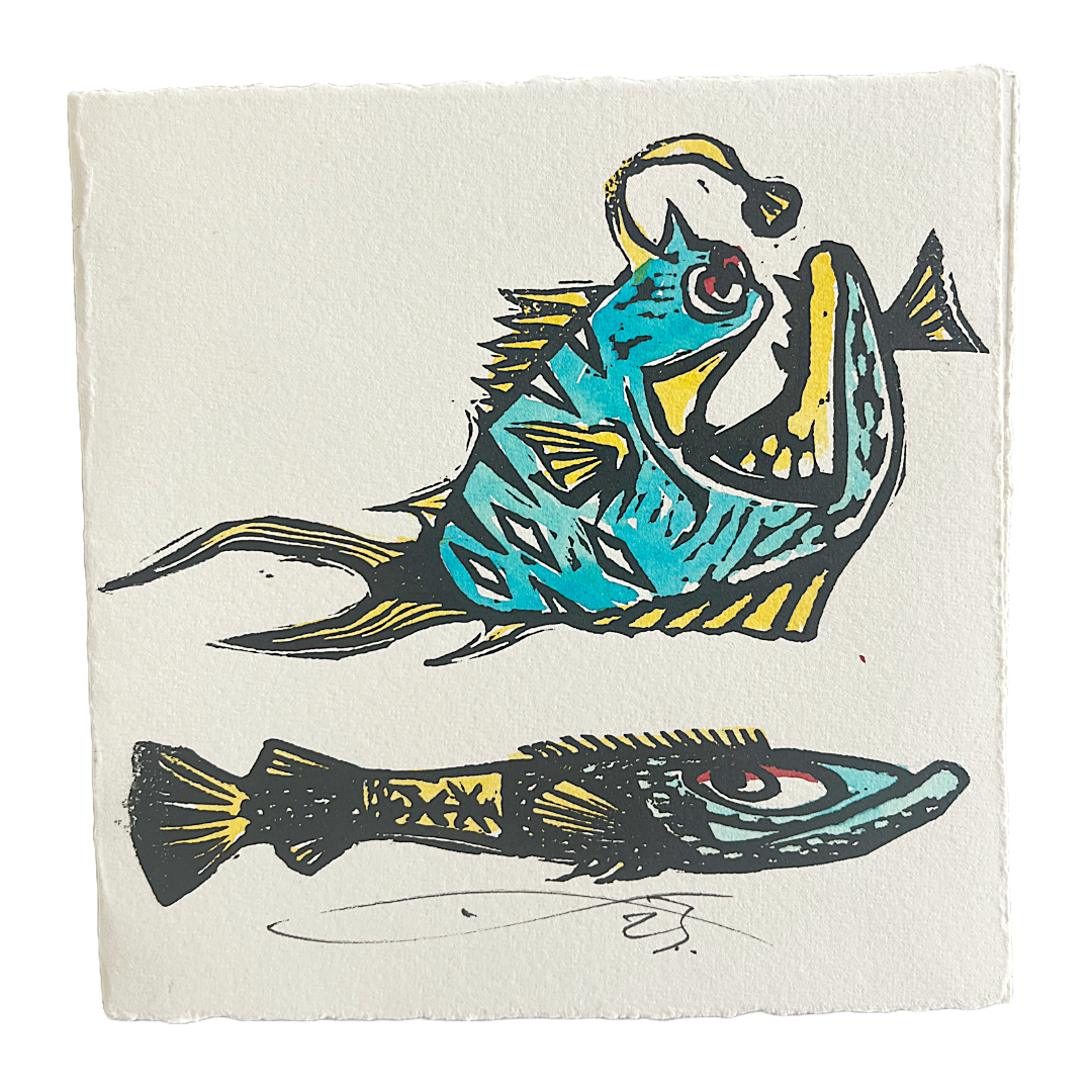 JANE DENNIS | 'What Tha' | Gift card | Hand-coloured linocut