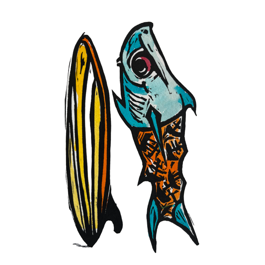 JANE DENNIS | 'Sharky' | Gift card | Hand-coloured linocut