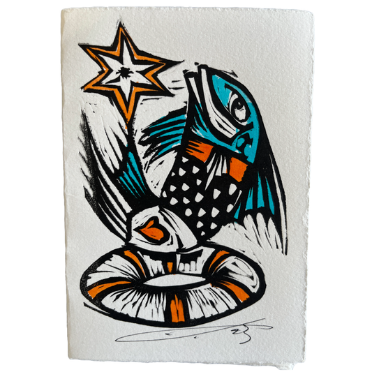 JANE DENNIS | 'Rising Star' | Gift Card | Hand-coloured linocut