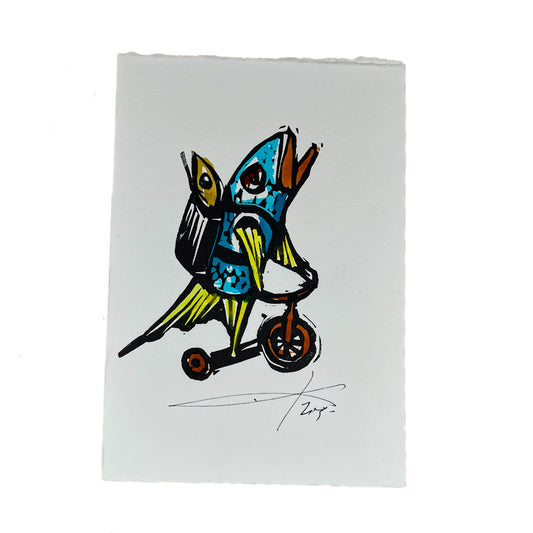 JANE DENNIS | 'Scooter' | Gift card | Hand-coloured linocut