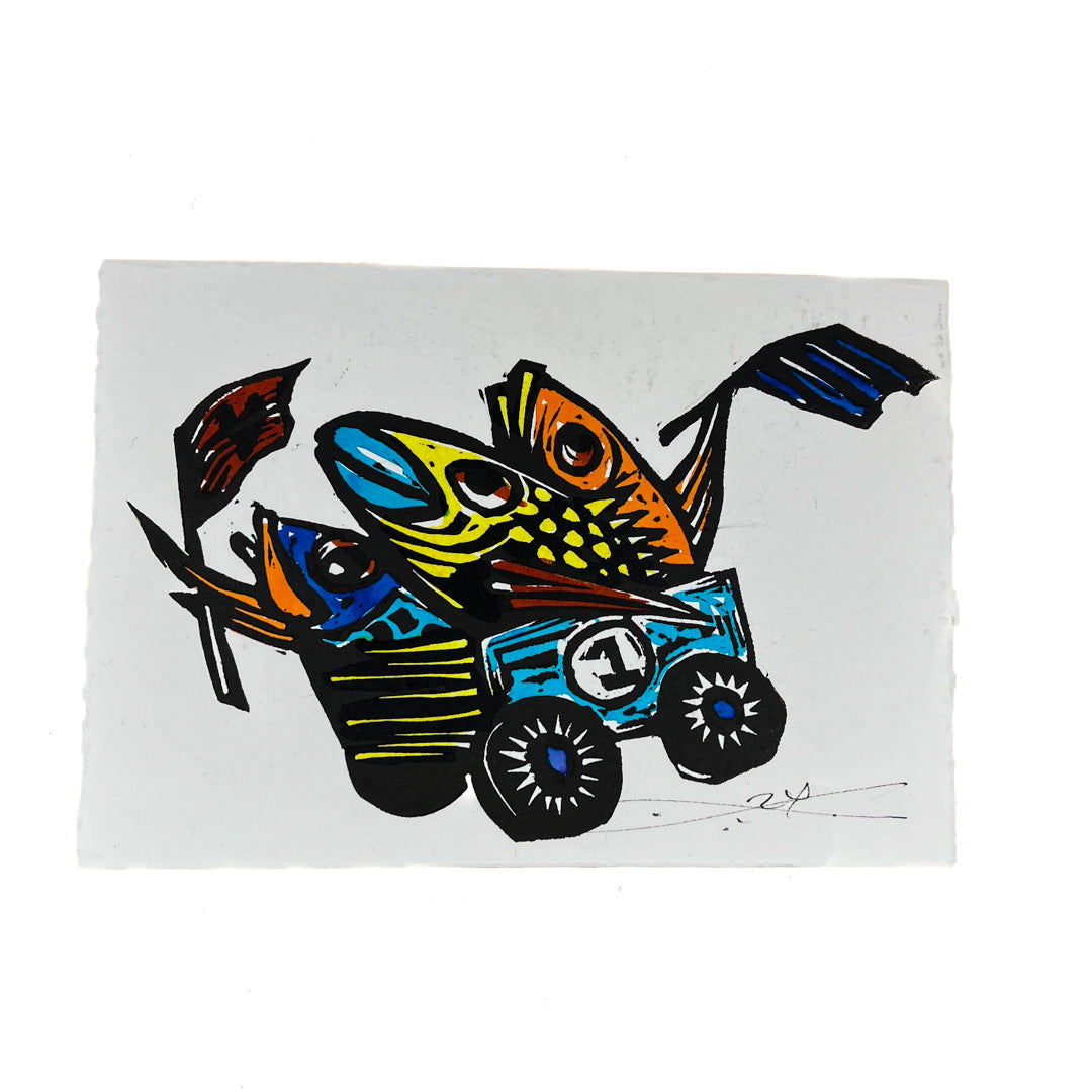 JANE DENNIS | 'On your way Number 1' | Gift card | Hand-coloured linocut