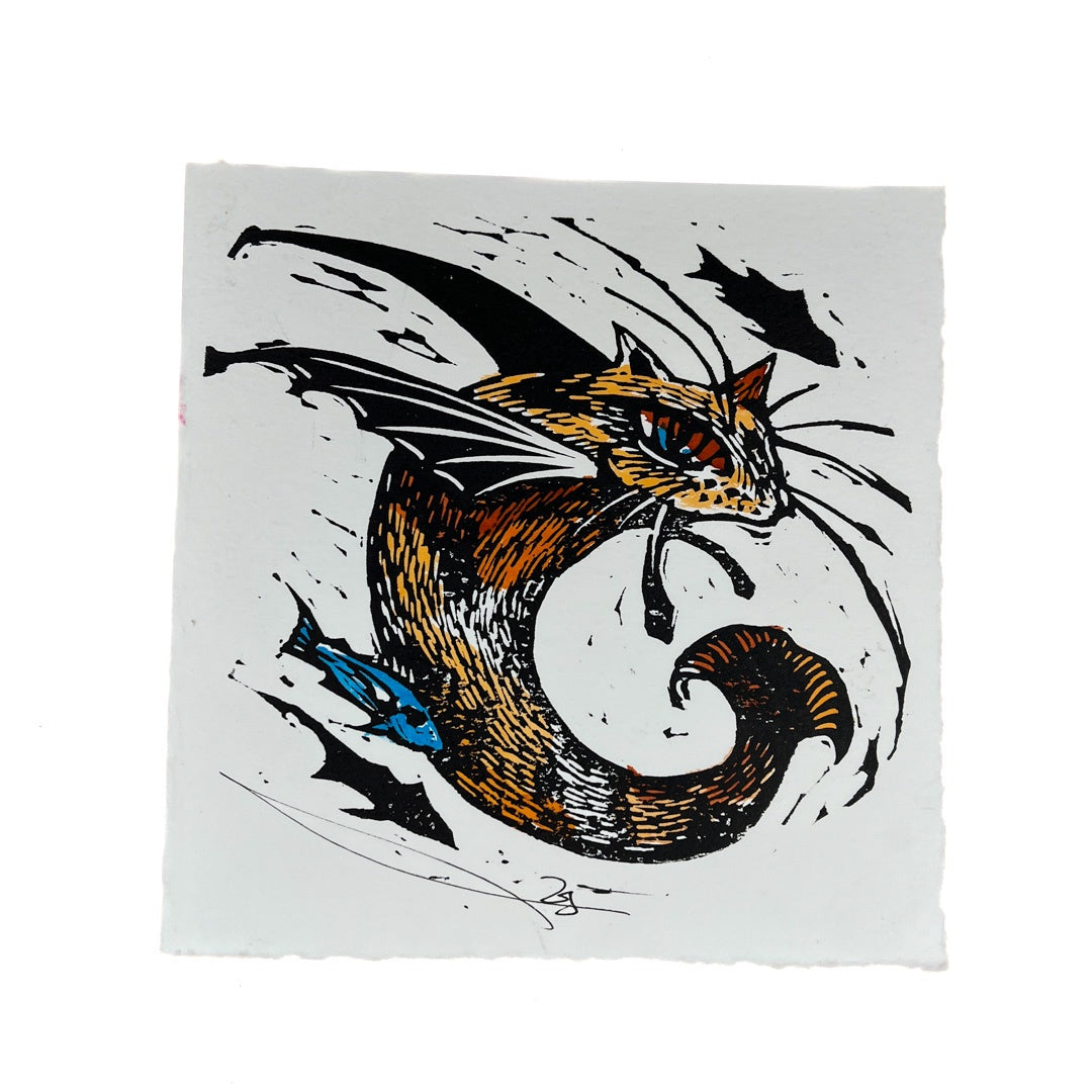 JANE DENNIS | 'Catfish' | Gift card | Hand-coloured linocut