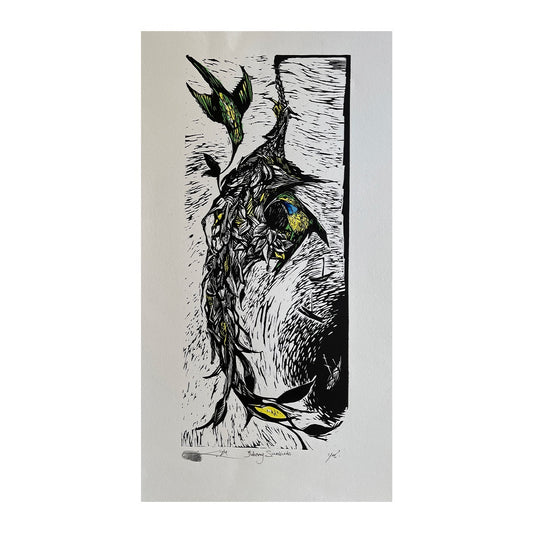JANE DENNIS | ‘Sunbird Balcony’ | Hand-coloured linocut