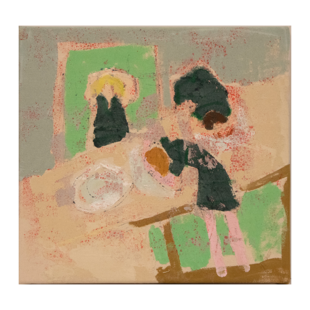 JULIE POULSEN | 'Hairwashing Saturday' | Acrylic + mixed media on canvas | 45 (h) x 45 (w) cm