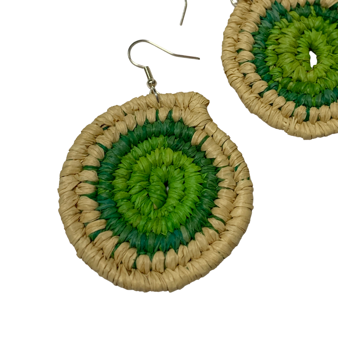KATIJAH NOWLAN | ‘Large Earrings- Green / Natural’ | Woven Raffia | Stainless Steel Hook