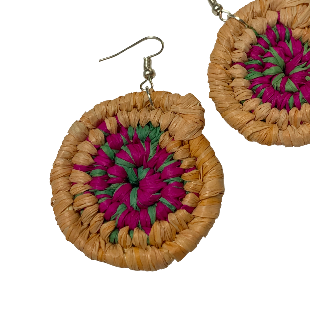 KATIJAH NOWLAN | ‘Large Earrings- Fuschia / Green / Peach’ | Woven Raffia | Stainless Steel Hook