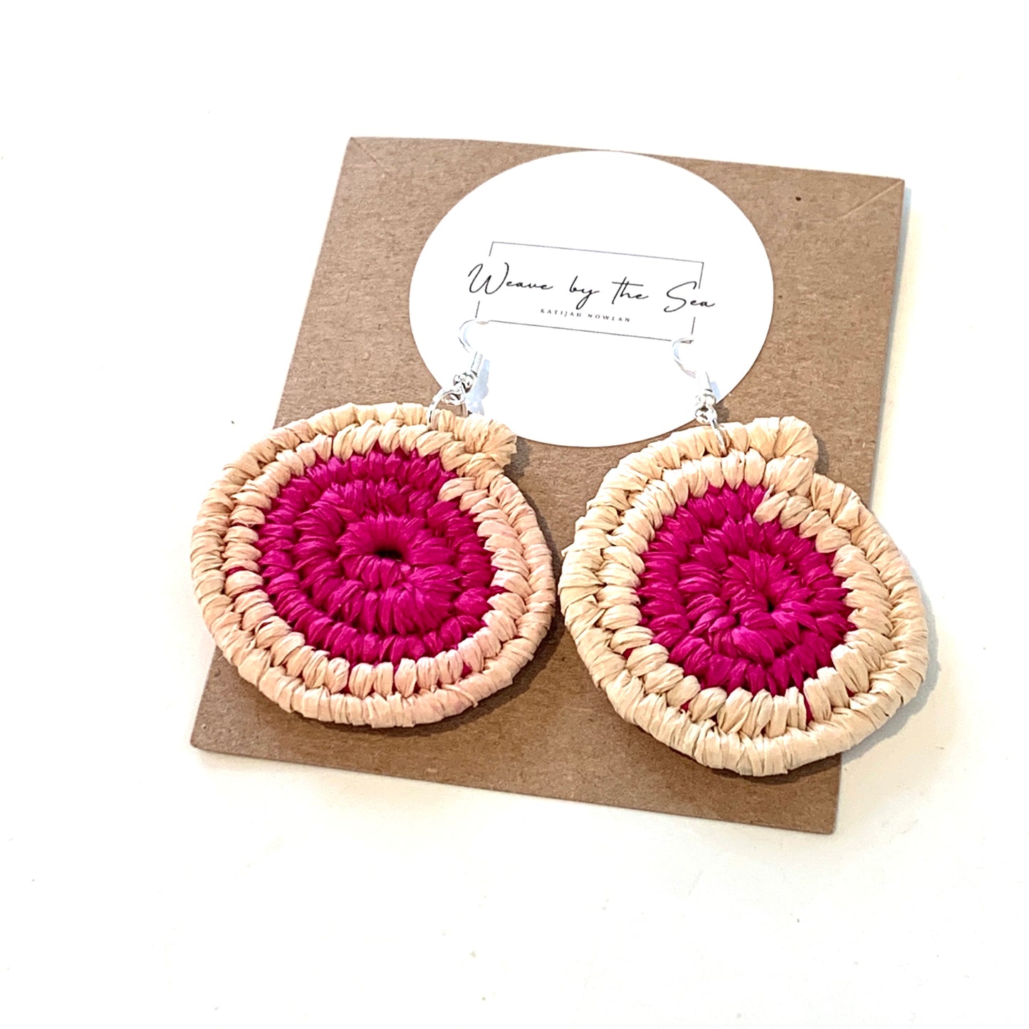 WEAVED BY THE SEA | ‘Large Earrings- Pink / Natural’ | woven raffia | stainless steel hook