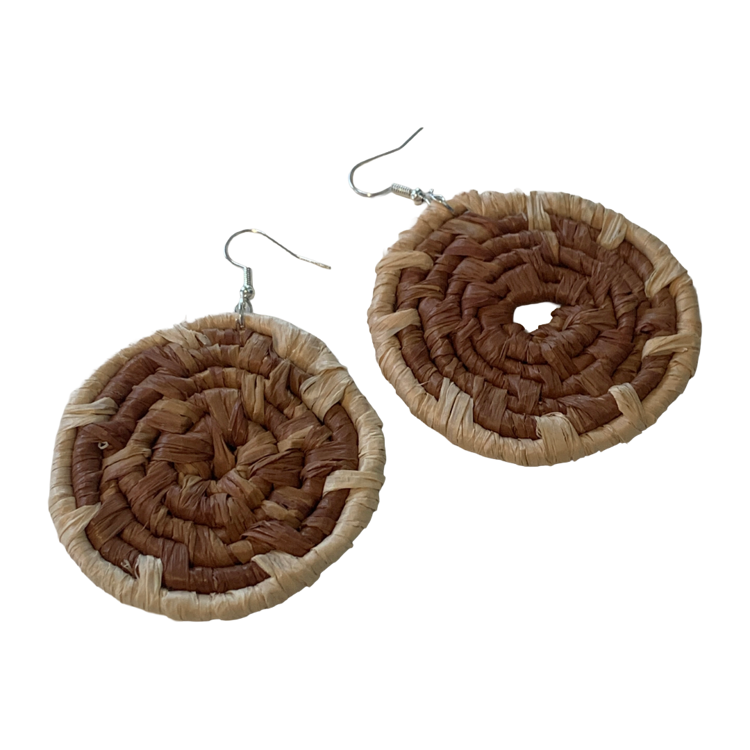 WEAVED BY SEA | ‘X Large Earrings- Brown/ Natural | Woven Raffia | Stainless Steel Hook