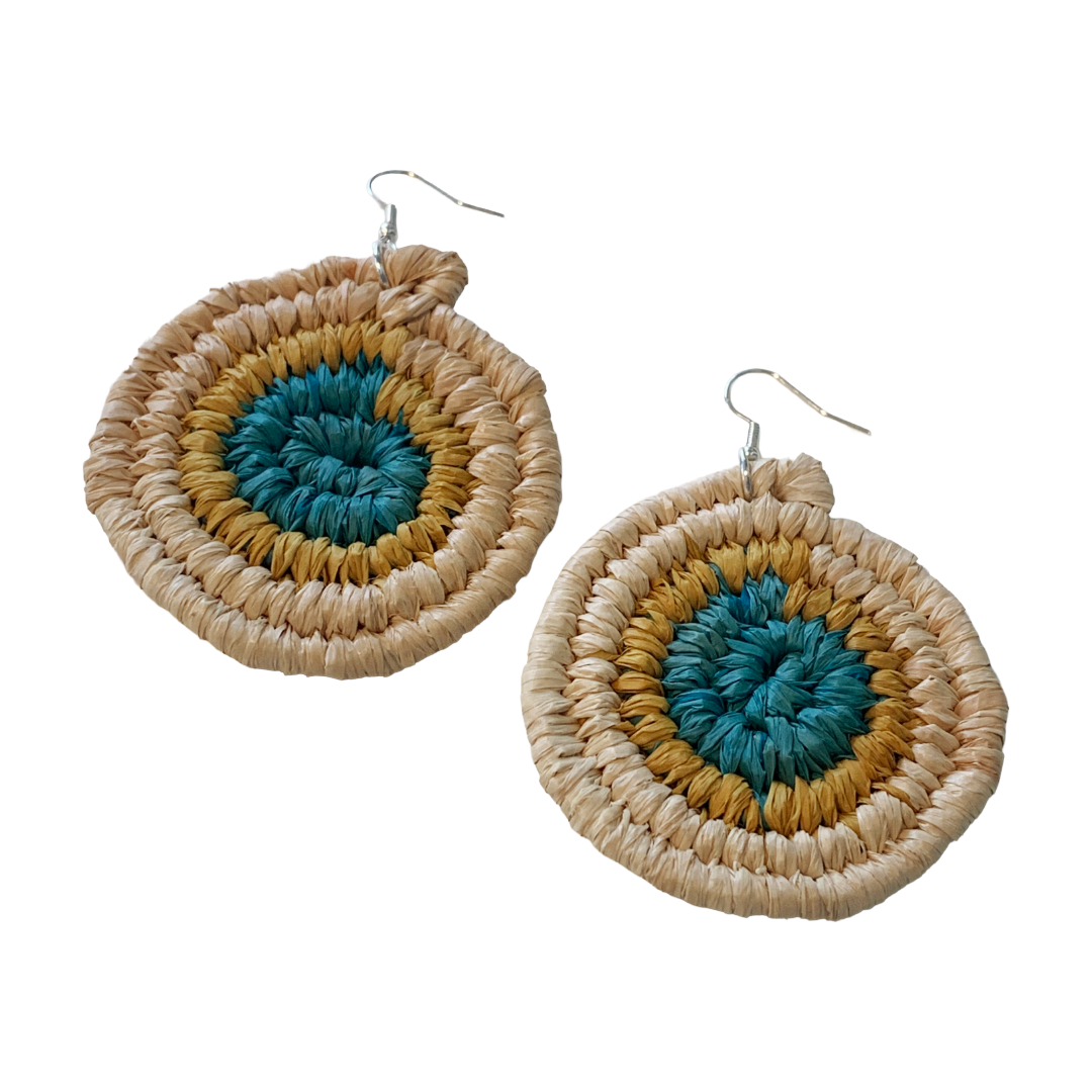 WEAVED BY SEA | ‘X Large Earrings- Aqua / Natural / Yellow' | Woven Raffia | Stainless Steel Hook