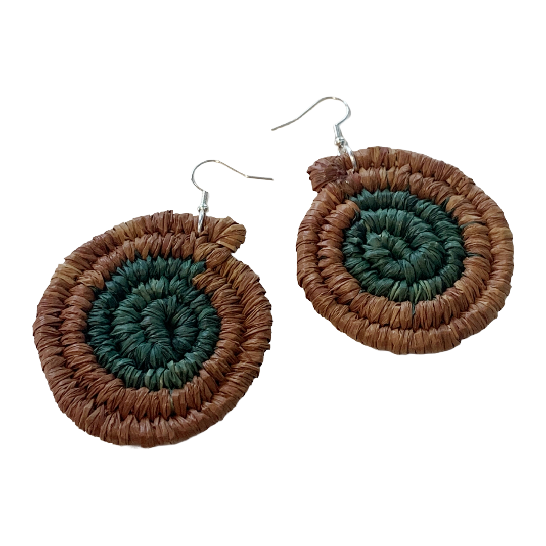 WEAVED BY THE SEA | ‘Large Earrings- Green / Brown’ | woven raffia | stainless steel hook