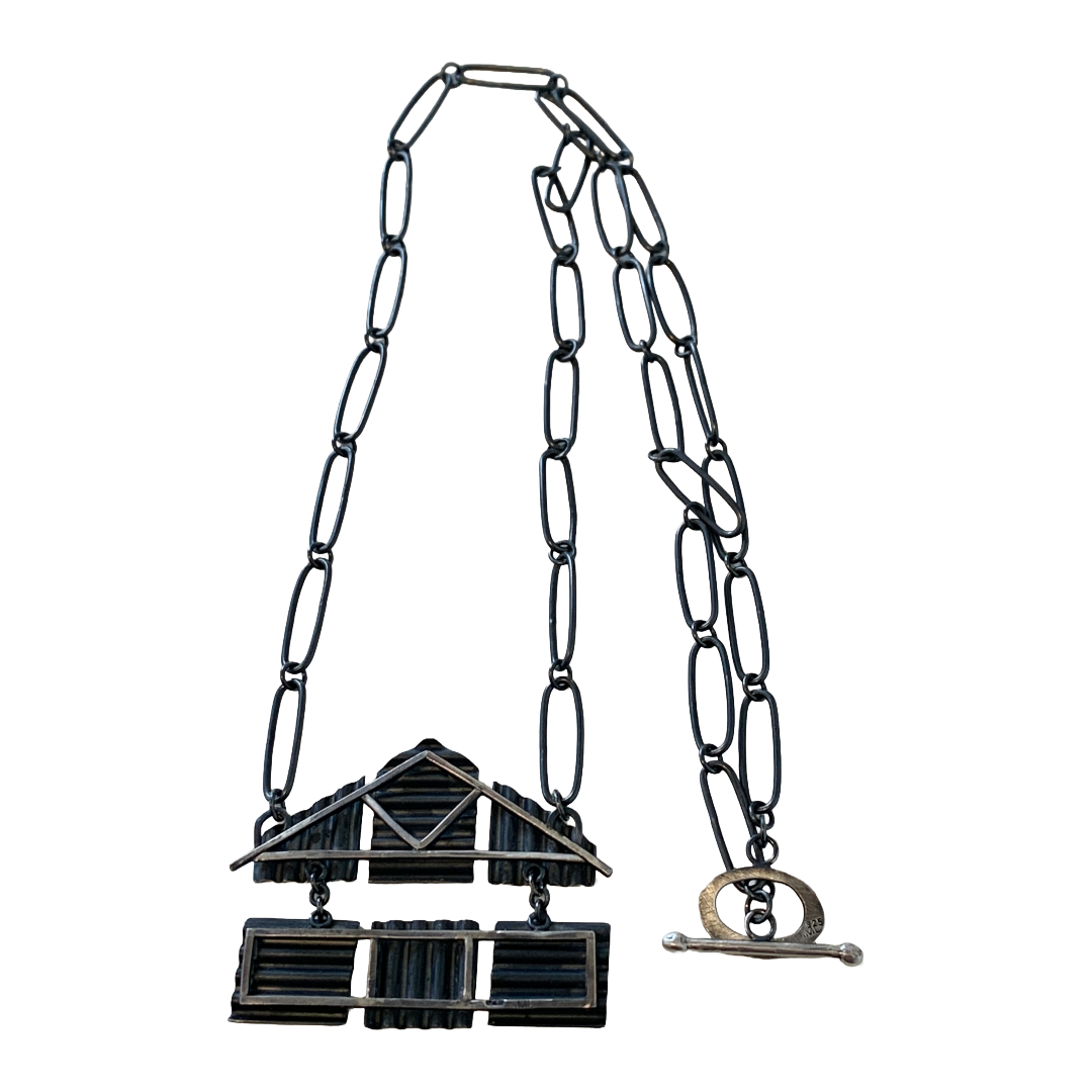 ALISON McDONALD | ‘Belonging Kinetic Corrugated House Necklace’ | Sterling silver & liver of sulphur patina | handmade sterling silver chain