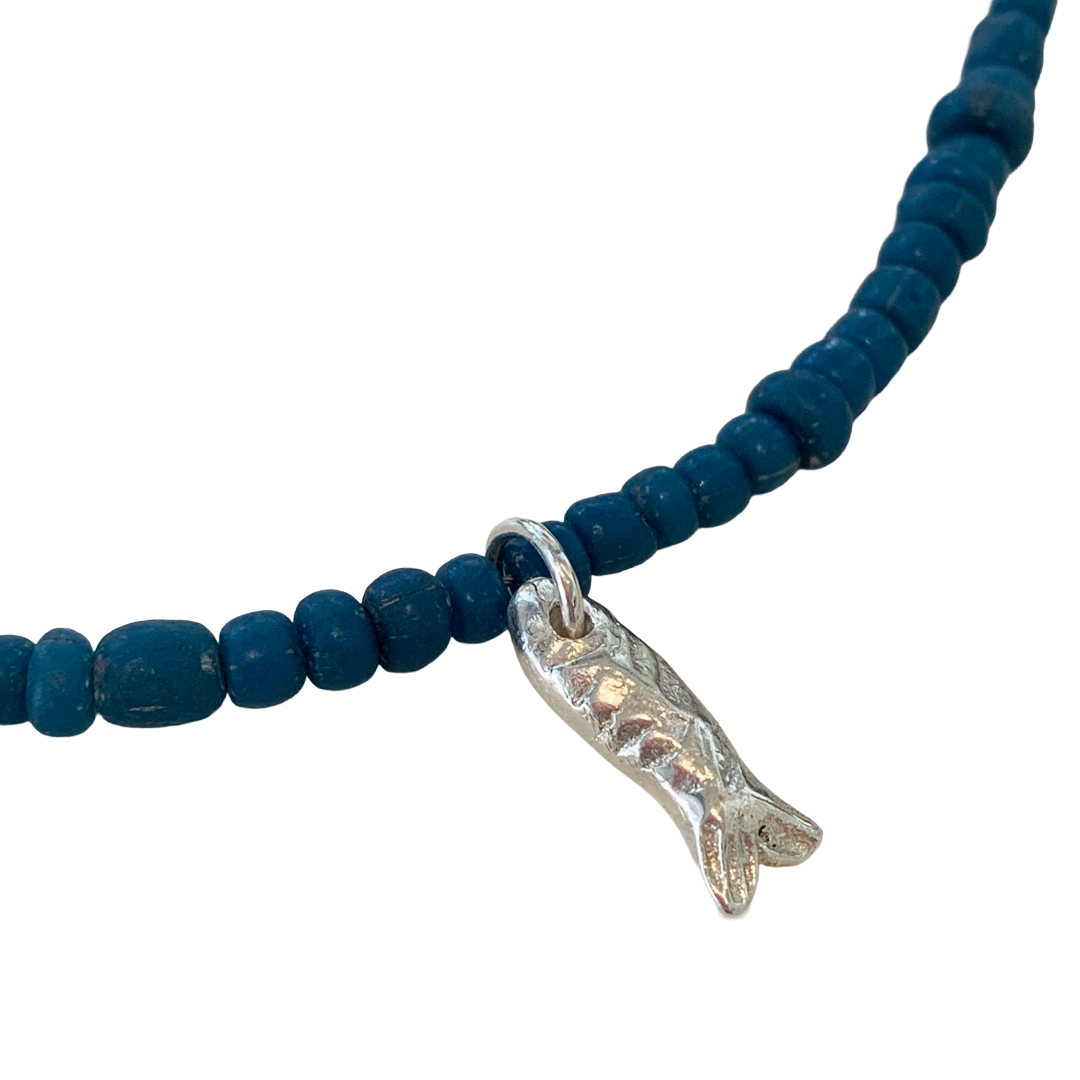 LAURA SCOTT STUDIO | Sandcast fish + Teal Java Glass beads | 2026 | 925 Sterling Silver
