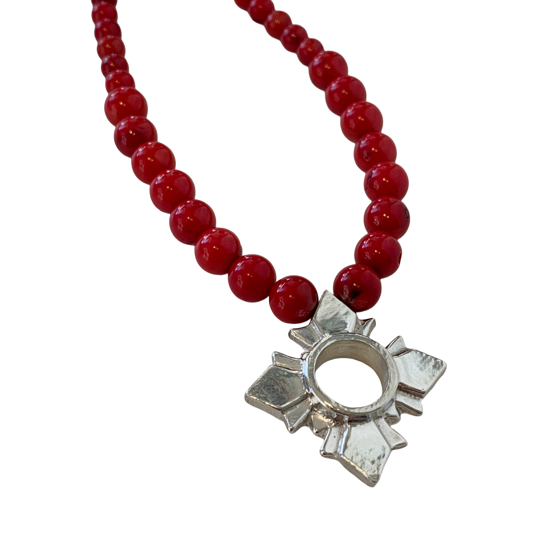 LAURA SCOTT STUDIO | ‘Art Deco Sandcast Sunburst’ | 925 Sterling Silver & Red Coral Beads