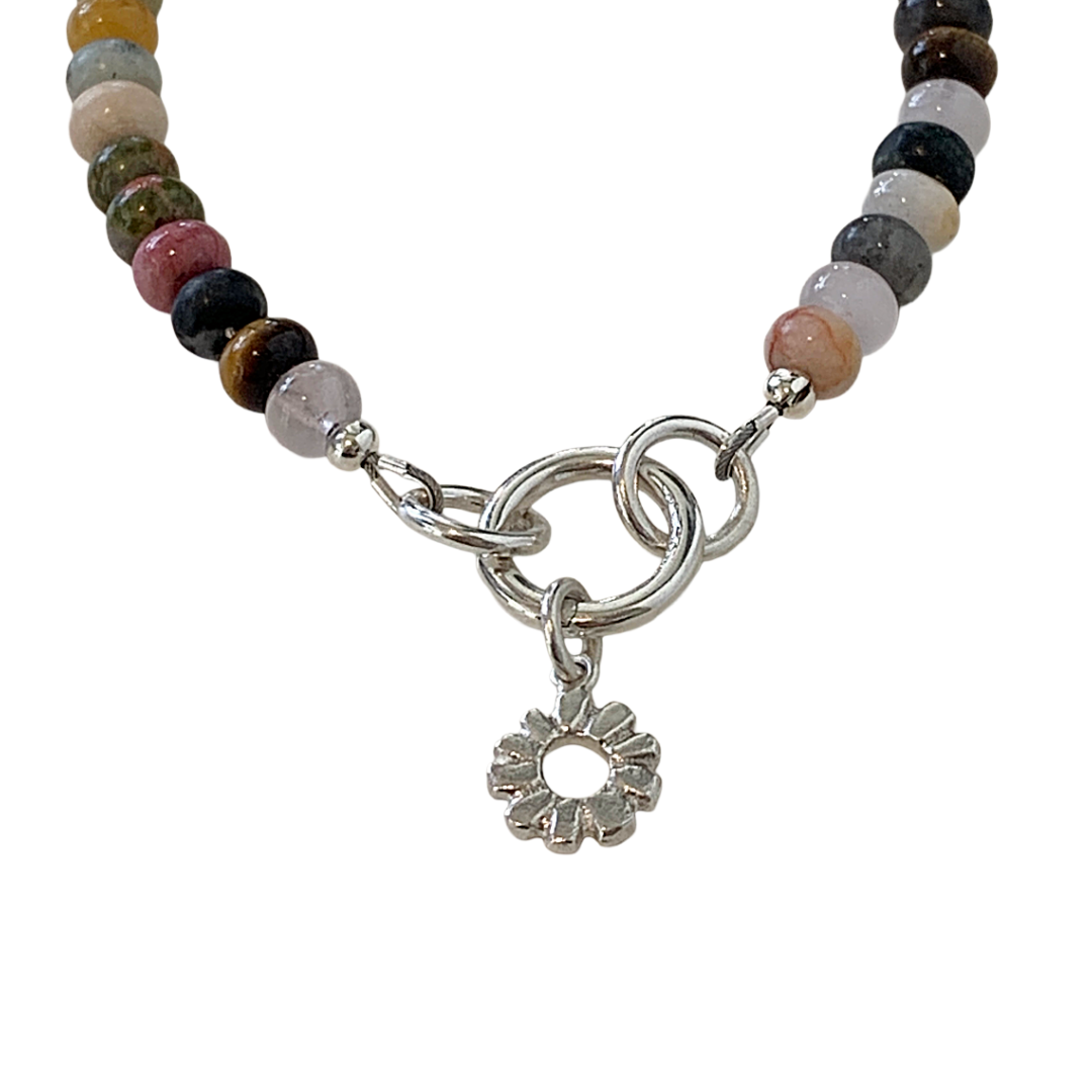 LAURA SCOTT STUDIO | ‘Mixed Gemstone Bracelet’ | Mini Sunburst Charm | Mixed Semi-Precious Gemstone Beads | 925 Sterling silver