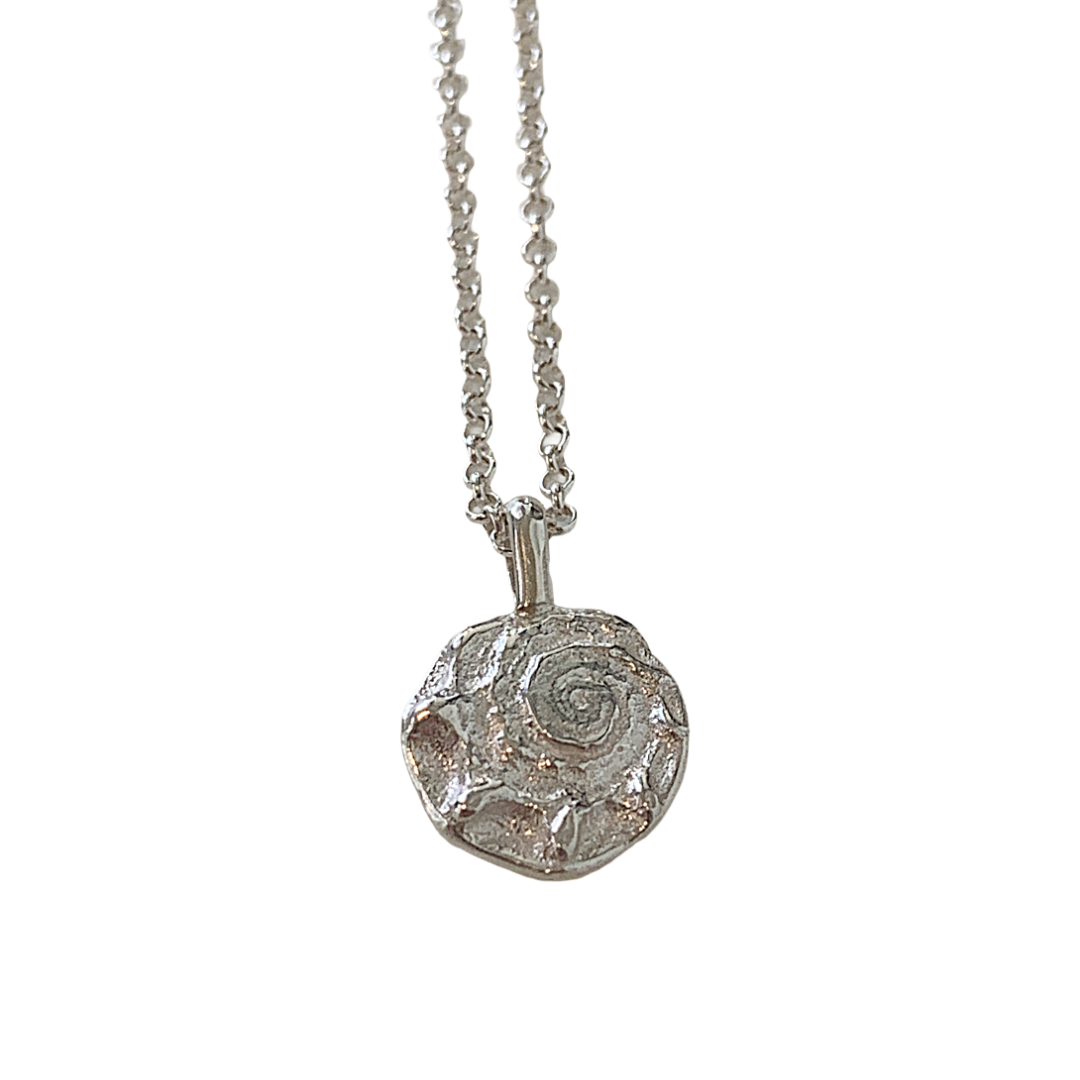 LAURA SCOTT STUDIO | ‘Spiral Shell’ | Sandcast Impression Pendant & Chain | 925 sterling silver