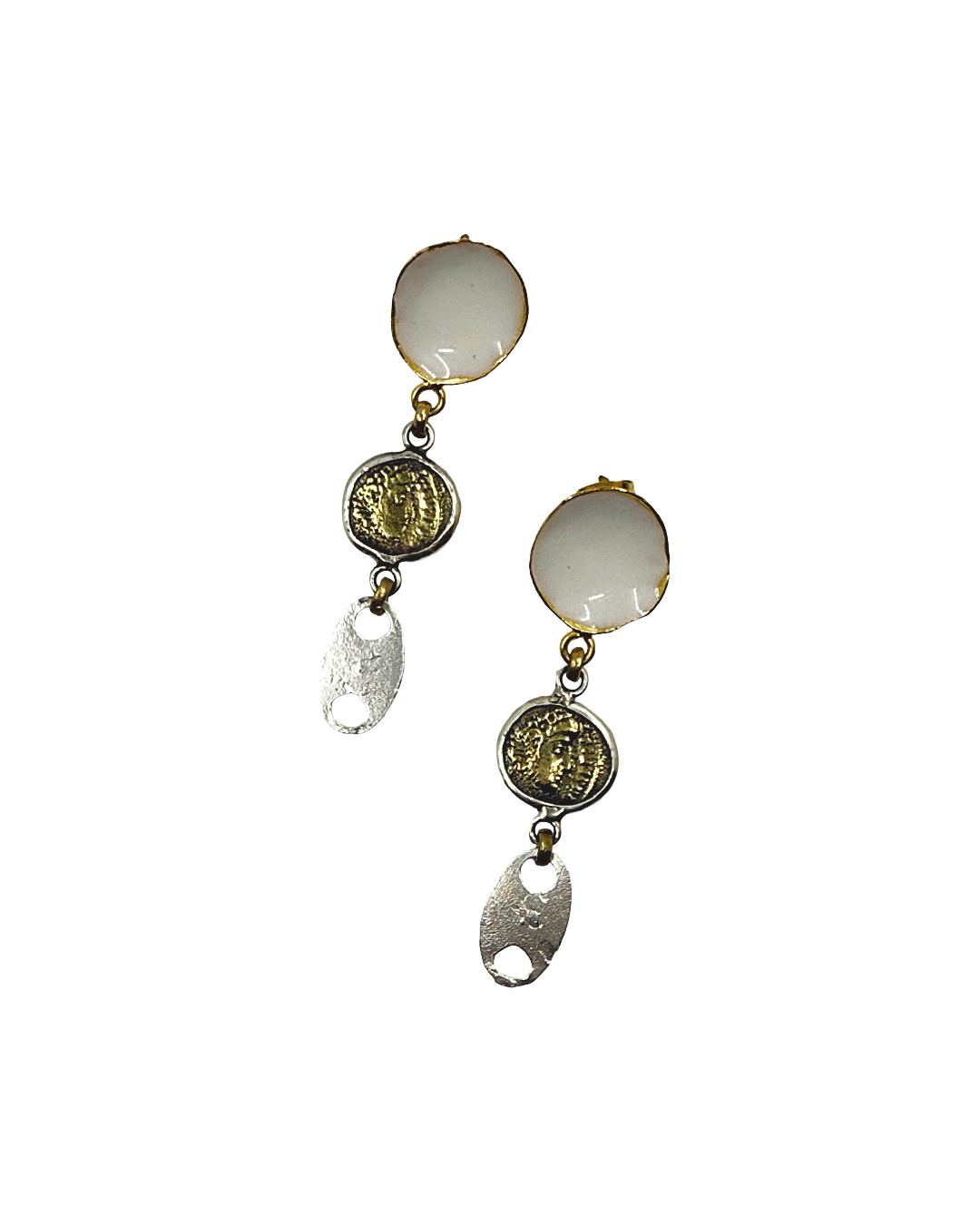 ARTIZ | 'Spring Collection 25 (11)' Earrings | Silver/ bronze / bronze coin/ white enamel