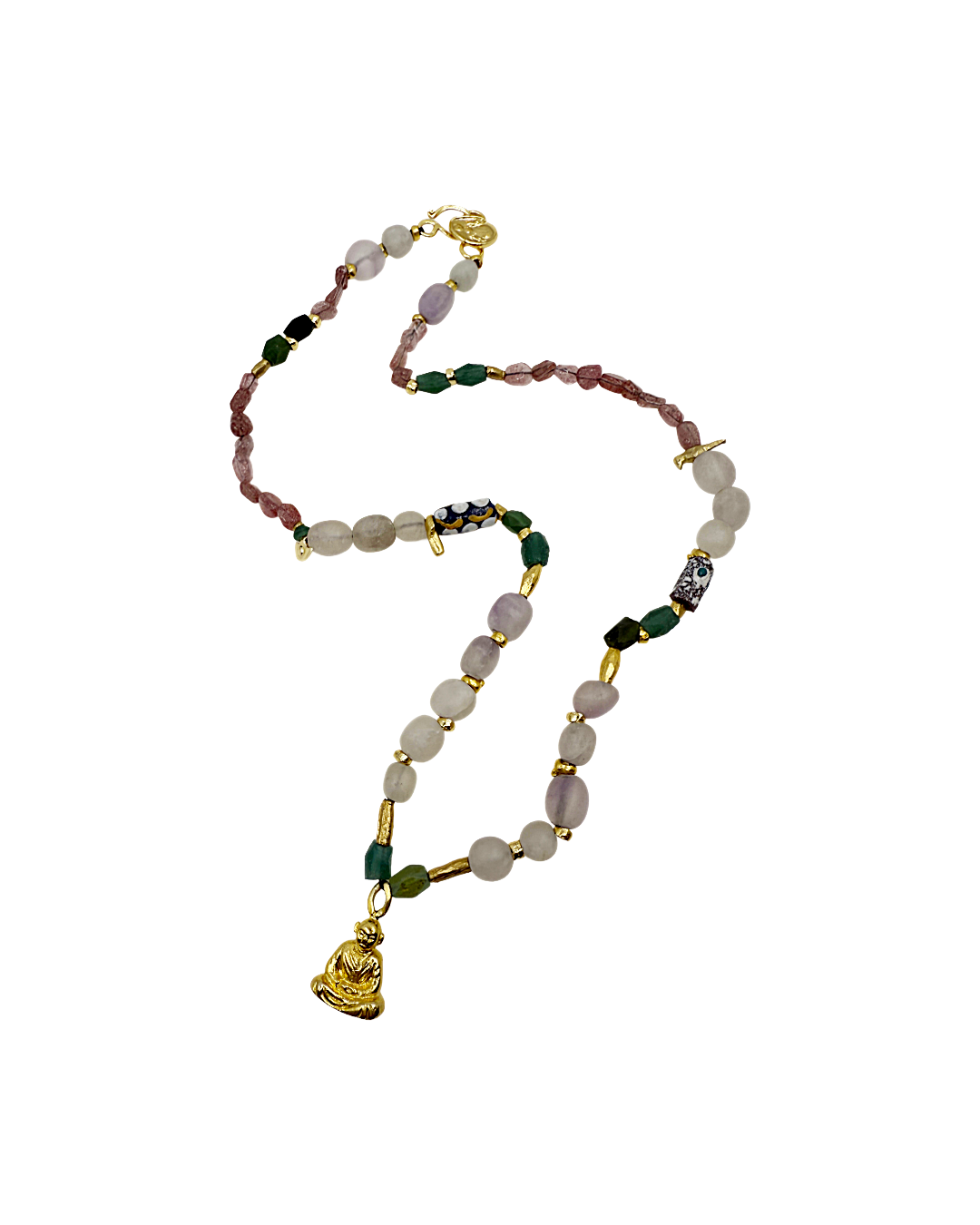 ARTIZ | 'Spring Necklace Collection’ (10) | Gold plated Buddha / African glass / fluorite / amethyst