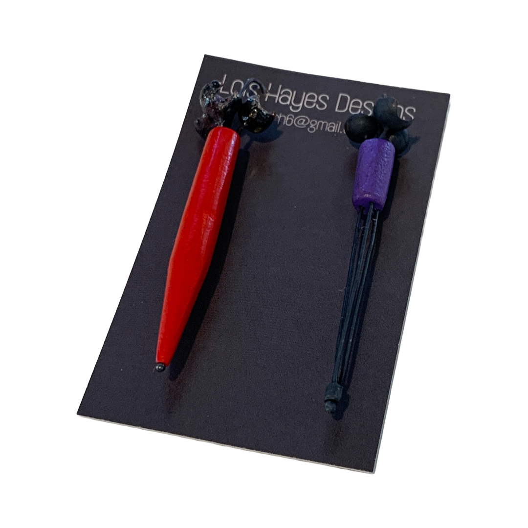 LOIS HAYES | ‘Bromeliad Earrings’- Red / Purple | hand painted wood / oxidized sterling silver | enamel on copper