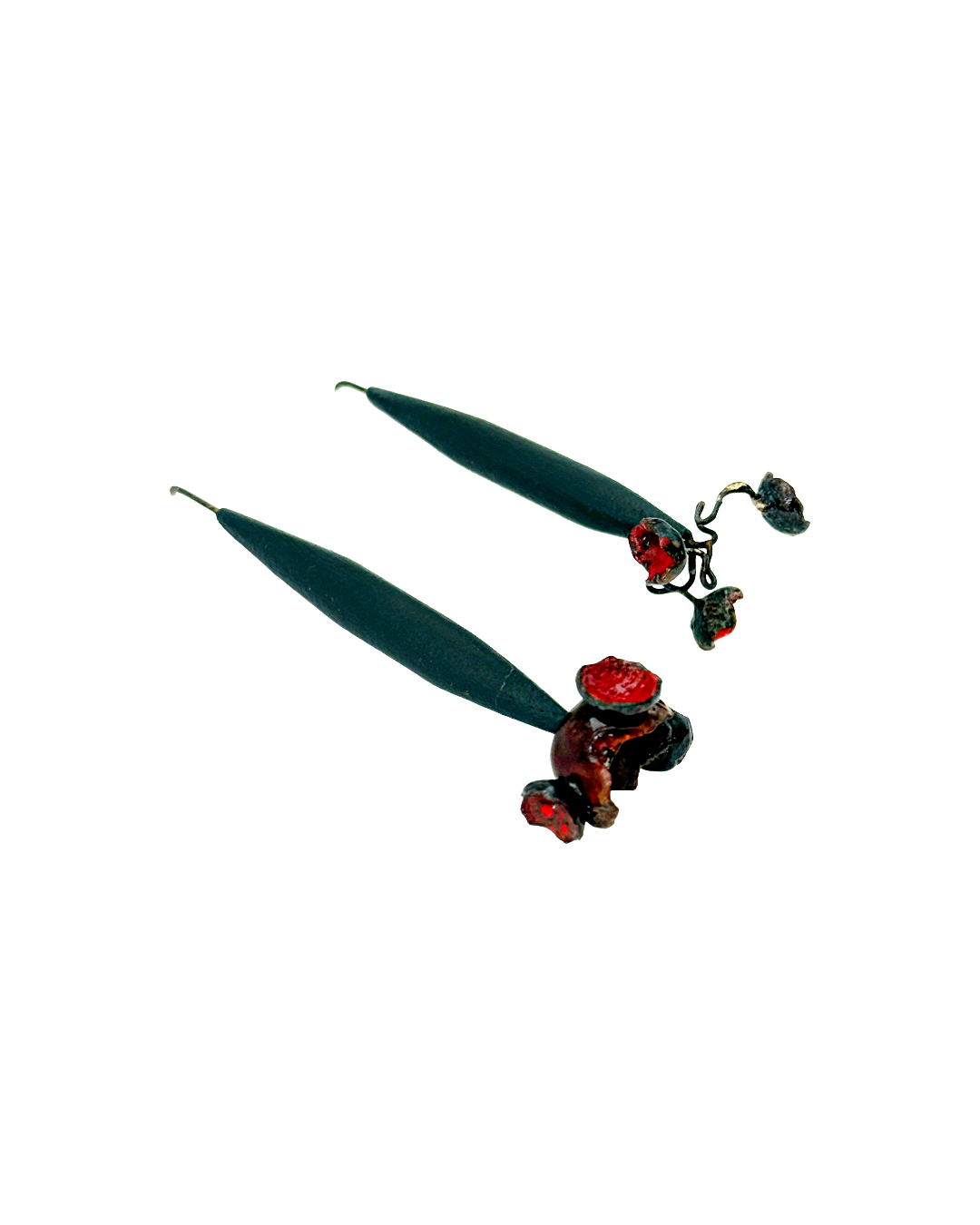 LOIS HAYES DESIGNS | ‘Summer Collection – Red Orbit Earrings’ | Upcycled skirting board / red enamel on copper / oxidised silver