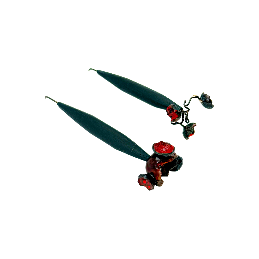 LOIS HAYES DESIGNS | ‘Summer Collection – Red Orbit Earrings’ | Upcycled skirting board / red enamel on copper / oxidised silver