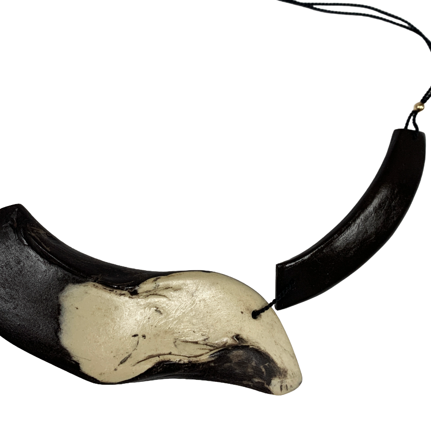 MALKI STUDIO | ‘Orca Collection necklace 1’ | Handmade black & white clay | silk thread+ 14 crt gold beads | silver and sterling silver