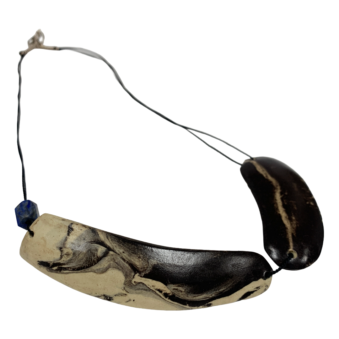 MALKI STUDIO | ‘Orca Collection necklace 3’ | Handmade, high fired black & white clay | silk thread, 14crt gold bead, Lapiz Lazuli bead | fine silver + sterling silver