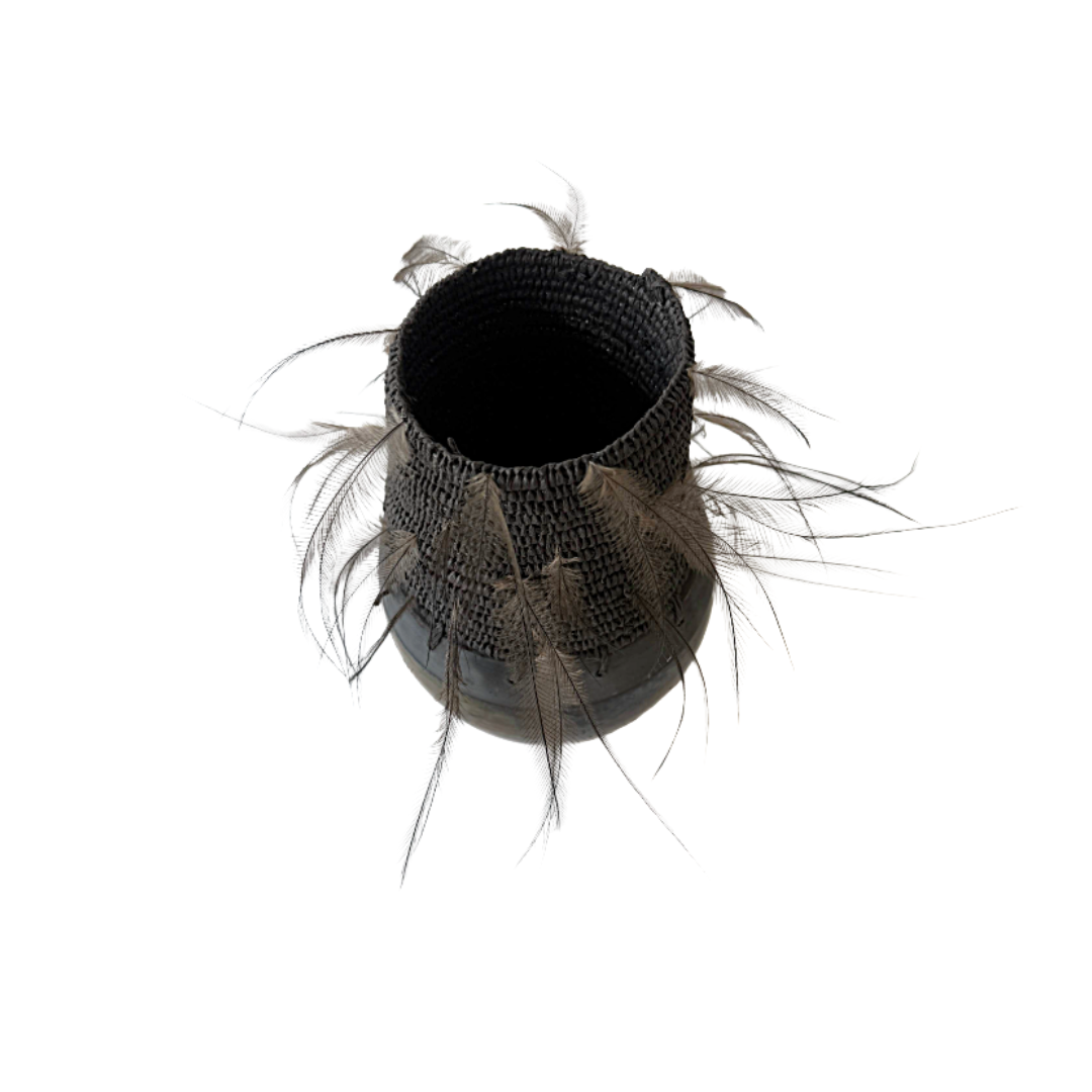 MONIQUE BURKHEAD | ‘Clay + Weave (1)’ | Raku glazed + fired ceramic / Raffia weaving / Emu + cassowary feathers